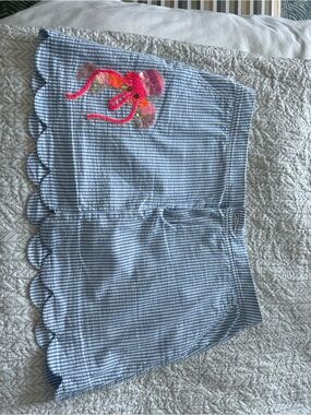 Blue & White Seersucker Scalloped Shorts with Neon Jellyfish Patch